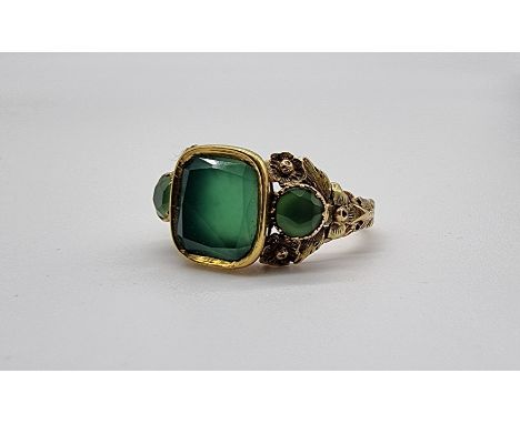 A William IV yellow metal ring, set chrysoprase, engraved to shank 'JS to FS, Nov 7 1834', size K 1/2. 