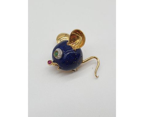 (NB) An Asprey &amp; Co 18ct gold brooch, decorated enamel mouse with ruby set nose and diamond set eyes, import mark 1977, l