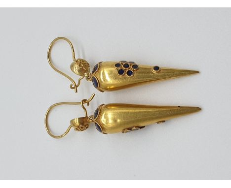 (NB) A pair of Victorian style yellow metal wirework and blue enamel pendant earrings, of tapering form, overall height 50mm.