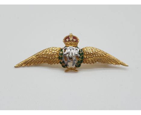 (NB) A yellow metal and enamel RAF sweetheart brooch, stamped 9ct,&nbsp;53mm, gross weight 4g. 