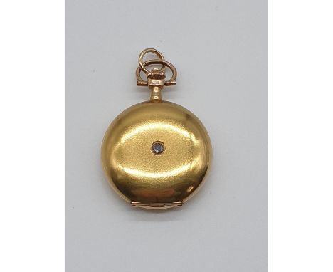 (NB) A continental circa 1900 yellow metal stem wind hunter pocket watch, 29mm, stamped 585, the front case set with a rose d