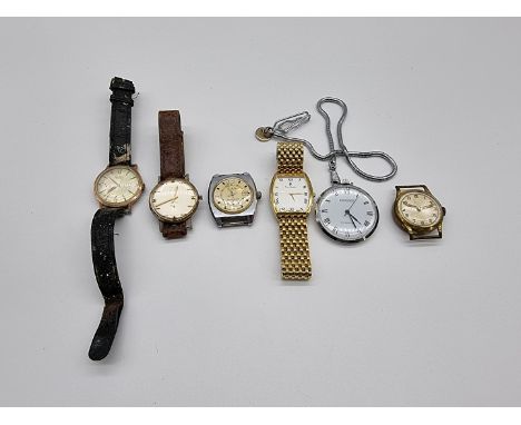 Four vintage wristwatches; together with a Pierre Cardin wristwatch; and a Kronotron pocket watch. (6) 