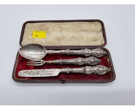 A cased Victorian silver christening set, comprising: knife, fork and spoon, by George Unite, Birmingham 1850, (the fork not 