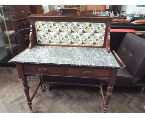 3' 6" Edwardian walnut wash stand with marble top and floral tile back