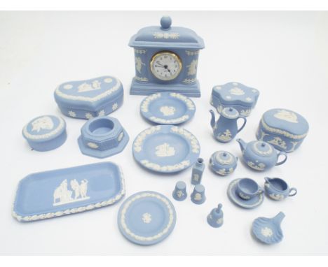 Collection of Wedgwood blue JAsper to include miniature tea service, trinket boxes, quartz mantle clock etc.