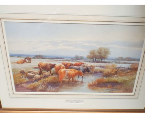 Watercolour of cattle in river Axe near Axminster in Devon, signed Thomas Rowden approx 12" x 21" 