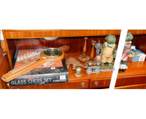 Wall barometer, glass chess set, carved wood and other ornaments, binoculars etc. 