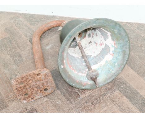 Large brass bell on iron bracket believed to originate from Swanage Pier, bell inscribed 'Presented by Red Funnel Steamers Lt