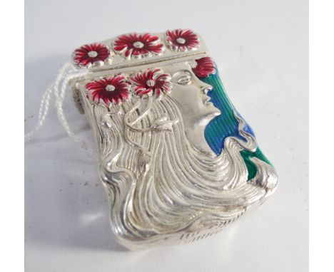 Art nouveau style vesta case with coloured enamel decoration