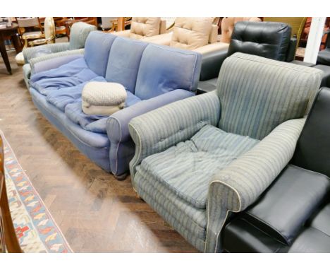 1920's 3 seater settee in blue covering and a pair of similar green upholstered chairs and a small pouffe 