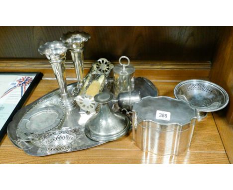 Silver plated items to include a tea tray, tea caddy, pair of spill vases, sweet meat dishes etc.
