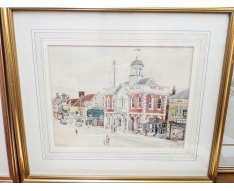 R Moore - Framed and glazed watercolour of Christchurch High Street, signed and dated 47 - measures 24cm by 32cm