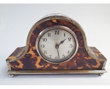 Edwardian mantel clock with silver plated case, mounted with faux tortoiseshell 