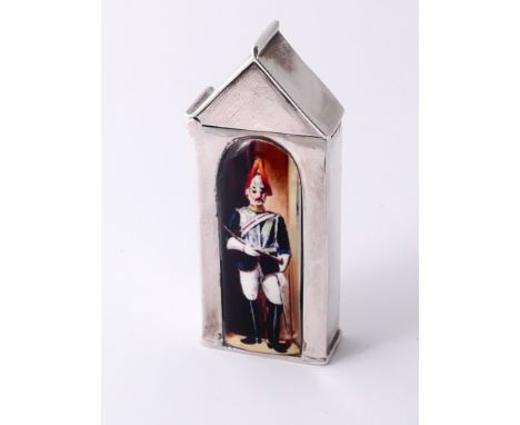 Novelty sterling silver sentry box vesta case, decorated with applied enamel depicting a horse guard, stamped sterling