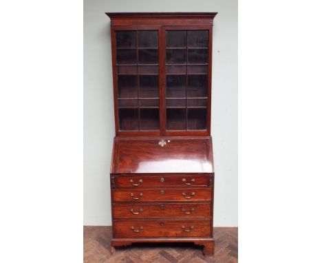 3' Georgian mahogany bureau bookcase with fitted interior, four long drawers under standing on bracket feet 