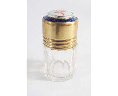 Edwardian scent bottle, of cylindrical shape with screw on lid, the lid decorated with blue enamel and inset cherub panel. Ap