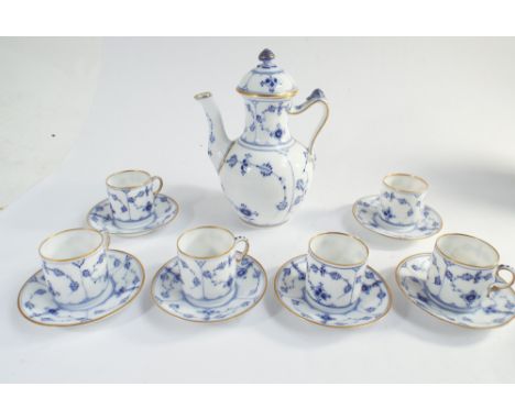 Royal Cophenhagen coffee service in the fluted blue lace pattern, comprising 6 demitasse cups and saucers and a coffee pot, t