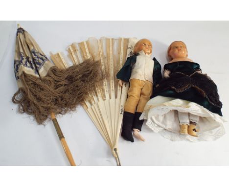 Two old girl and boy wax shoulder headed dolls - approx 10" high , vintage parasol with fringe and an ivory fan (as found)