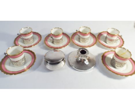 Silver trinket pot, set of 6 Aynsley demitasse cups and saucers with silver holders   Condition - all as found 