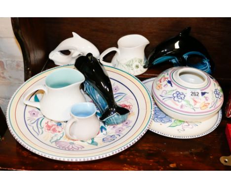 Pair of Poole Pottery dolphins and various other pieces of Poole Pottery 