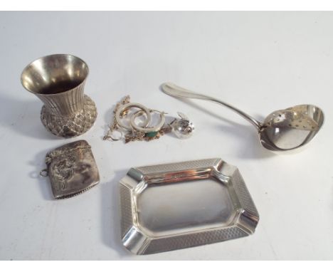 Assorted small silver items to include ladle, ashtray, tot glass, jewellery etc. gross weight 4.5oz troy 