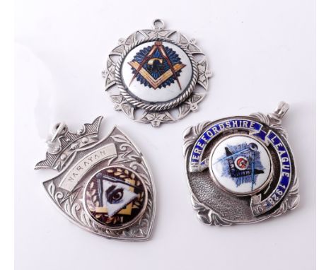 Three silver medallions with applied enamel masonic motif panels