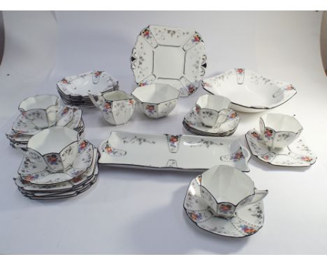 Shelley Queen Anne shape peaches and grapes patterned tea service comprising rectangular sandwich plate, bread and butter pla