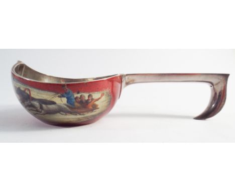 Russian silver and enamel kovsh of standard form with hollow looped handle; the bowl with red enamel decoration and scenes of