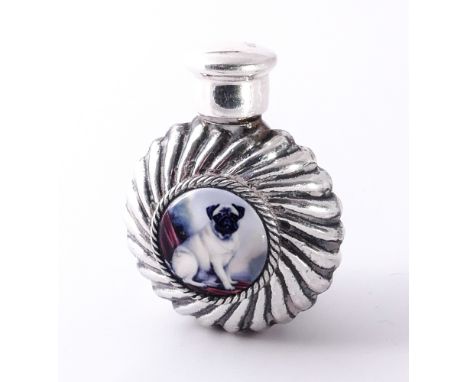 Miniature sterling silver scent flask, with applied enamel circular panel depicting a pug dog