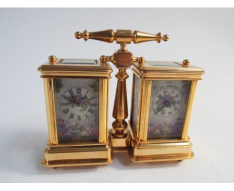 Brass and porcelain panel cased carriage clock/desk barometer 10cm high 