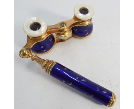 French 19th century opera glasses in blue enamel with mother of pearl eyepieces   No obvious sign of damage or repair