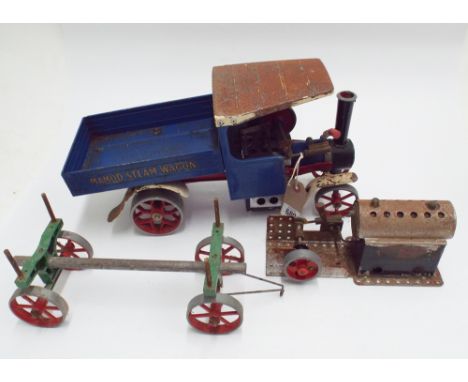 Large Mamod steam engine wagon together with its trailer and static engine - over all length of the steam wagon 40cm  In a pl
