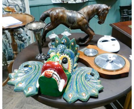 Collection of items to include wall mounting barometer, wall masks and silver plated wares 