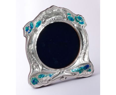 Silver photograph frame with blue green enamel decoration in the art nouveau style. height 16 cms 