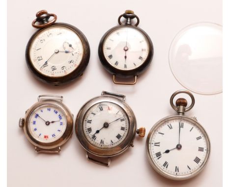 Five Victorian silver pocket  and wrist watches and a collection of vintage watch keys, all contained in a red leather jewell