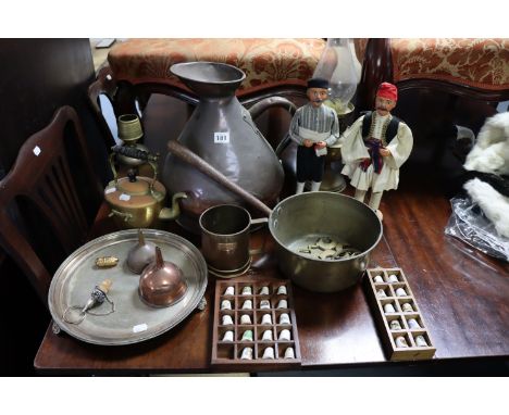 A brass preserve pan; a brass oil lamp; an engraved silver plated tray, etc. 