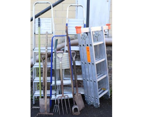 A Krause universal aluminium ladder; together with a step ladder; &amp; various garden tools. 