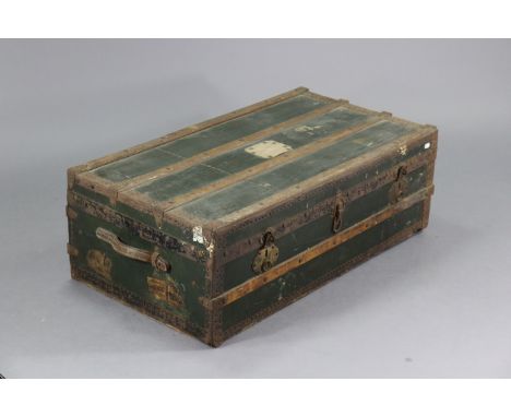 A black japanned-metal British military officer’s travelling trunk bears brass plaque “P. A. Wood Royal Engineers”, 43” long 
