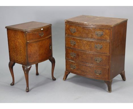 A burr-walnut small bow-front chest fitted four long drawers with brass swing handles, &amp; on bracket feet, 24¼” wide x 30¼