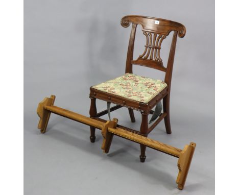 A mahogany splat-back occasional chair with a padded seat, &amp; on turned legs with plain stretchers, w.a.f.; &amp; an oak w