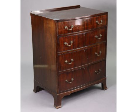 A 19th century-style mahogany bow-front upright chest fitted four long graduated drawers with brass swan-neck handles, &amp; 