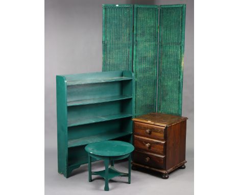 A pine three-drawer bedside chest, 18” wide; together with a painted wooden five-tier standing open bookcase, 35” wide x 42” 