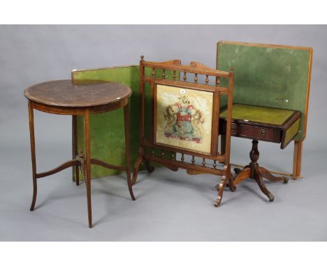A mahogany firescreen inset embroidered panel, 25” wide; together with two occasional tables; &amp; two card tables, part w.a