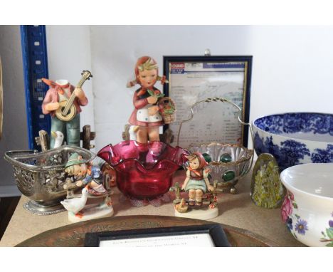 Two Goebel Hummel figures; a Cranberry glass bowl; a glass yacht decanter; &amp; sundry other items. 