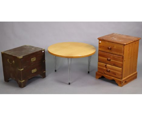 A pine three-drawer bedside chest, 18” wide; a mahogany two-drawer bedside chest 18” wide; &amp; a coffee table, 27½” diamete