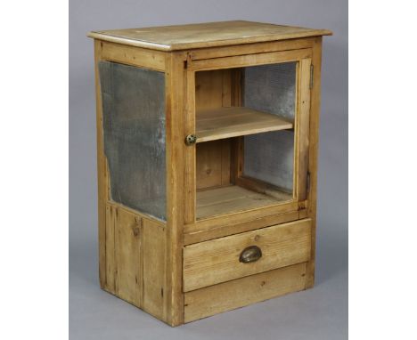 A pine meat safe fitted centre shelf above a long drawer, &amp; with mesh sides, 26¼” wide x 36” high x 18¾” deep. 