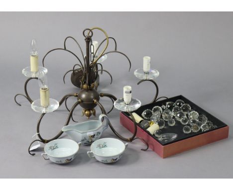 A modern five-branch chandelier hung with prism drops; together with a Victorian china floral decorated nineteen-piece part t