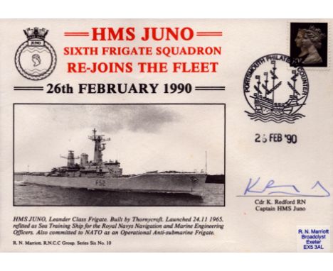 Cdr K Redford signed HMS Juno cover. Good condition. All autographs come with a Certificate of Authenticity. We combine posta