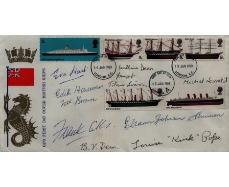 The Titanic, a 1969 British Ships FDC, signed by eight Titanic survivors: Eva Hart (1905-1996), Eleanor Johnson Shuman (1910-