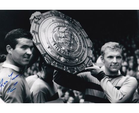 Autographed RON YEATS 12 x 8 photo : B/W, depicting Liverpool captain RON YEATS and his West Ham United counterpart Bobby Moo